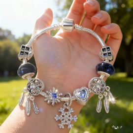 Pandora-Style Rhinestone Blue Cat’s Eye Heart Bracelet: Glass Beads, Dreamcatcher Feather Snowflake(20cm) - 0