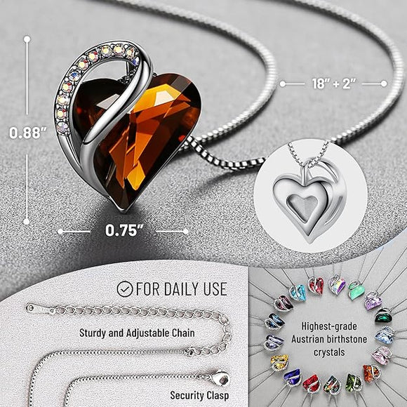 Infinity Love Heart Necklace, Birthstone Necklace for Women, Jewelry for Women with Healing Crystals, Allergy Free Pendant Necklace-15-Stress Relief-Dark Topaz Brown