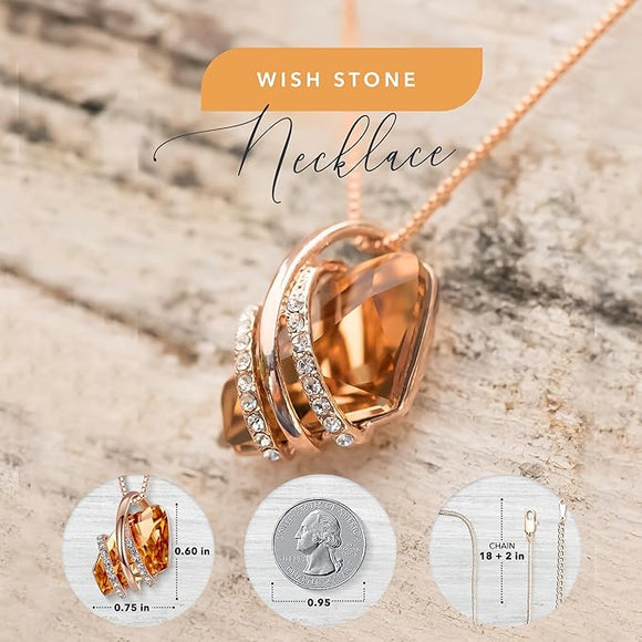 Wish Stone Pendant Necklace, Necklaces for Women with Birthstone Crystals, Allergy-Free Jewelry for Women with Gift Box, 26K Rose Gold Plated or Silver-tone Birthstone Necklace for Women-11-November Birthstone-Amber Brown