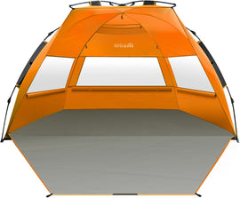 OutdoorMaster Pop Up 3-4 Person Beach Tent X-Large - Easy Setup, Portable Beach Shade Canopy Folding Sun Shelter with UPF 50+ UV Protection Removable Skylight Family Size (Orange)