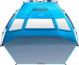 OutdoorMaster Pop Up 3-4 Person Beach Tent X-Large - Easy Setup, Portable Beach Shade Canopy Folding Sun Shelter with UPF 50+ UV Protection Removable Skylight Family Size (Blue)