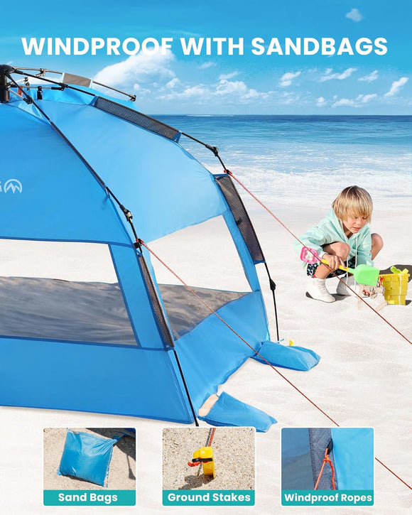 OutdoorMaster Pop Up 3-4 Person Beach Tent X-Large - Easy Setup, Portable Beach Shade Canopy Folding Sun Shelter with UPF 50+ UV Protection Removable Skylight Family Size (Blue)