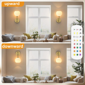 Wall Sconces Set of Two, Wireless Battery Operated Wall Decor with Remote, Sconces Wall Lighting with Glass Shade, Upward and Downward Installation, 12 RGB Colors and 3 CCT Options - 0