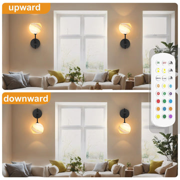 Wall Sconces Set of Two, Wireless Battery Operated Wall Decor with Remote, Sconces Wall Lighting with Glass Shade, Upward and Downward Installation, 12 RGB Colors and 3 CCT Options - 0