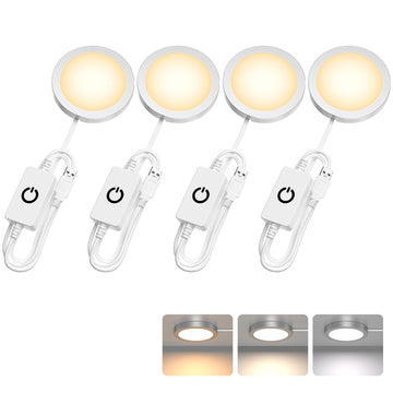 4 Pack Puck Lights 5V Single USB Powered,3 Color Temperature Adjustable & Dimmable Under Cabinet Light,3D Printer LED Lamp Kit for Cabinet,Wardrobe,Showcase