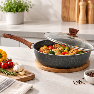28cm PFOA Free Non-Stick Saute Pan with Lid, Marble-Effect Non-Stick Coating, Induction Compatible, Soft-Touch Handle, Dishwasher Safe - 0
