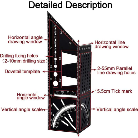 3D Aluminum Alloy Carpenter Square, 90 To 45 Degree Professional Angle Ruler, Woodworking Measuring Ruler Suitable For