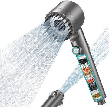 Anti-limescale shower head with 15-stage filter and 1.5m hose. High-pressure, water-saving shower head. Shower filter with 3 + 1 spray patterns.