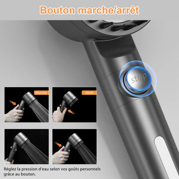 Anti-limescale shower head with 15-stage filter and 1.5m hose. High-pressure, water-saving shower head. Shower filter with 3 + 1 spray patterns. - 0