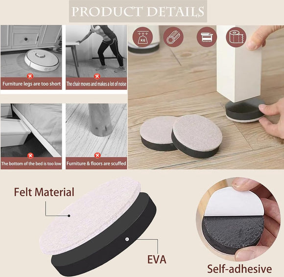 Furniture Risers - 16 Pieces - Furniture Riser Set - Bed Riser - Adjustable Furniture Legs - Furniture Coasters - Furniture Felt - Strong Space-Saving Riser - Felt Pads - Self-Adhesive - Anti-Slip - Floor Protection - Furniture Elevation - Bed Risers