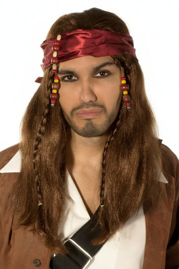 Caribbean Pirate Mens Long Brown Wig and Head Scarf
