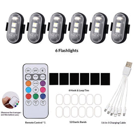 6PCS Wireless LED Lights for Car with Remote Control, Halloween Wireless LED Strobe Lights 8 Colors USB IP65 Waterproof Anti-Collision Warning Light for Car Interior Truck Drone Aircraft Bike