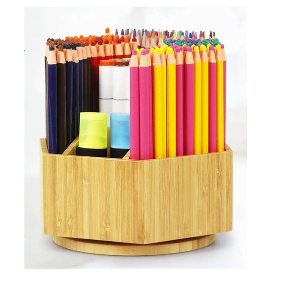 walowalo Bamboo Rotating Art Supply Organizer Holds  Pencils Spinning Crayon Marker Organzier Holder Christmas Gift Desk Brush Storage for Office Classroom Organization Stationary