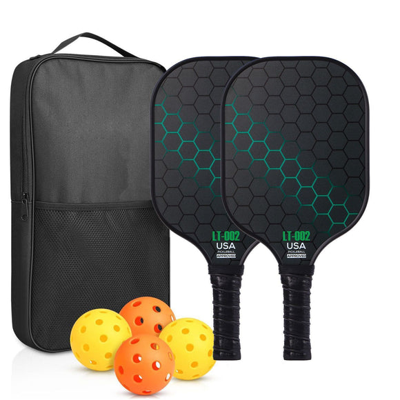 Green Pickleball Set With 2 Paddles-4 Balls And Black Carrying Bag