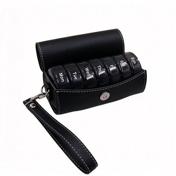 All Black Round Portable PU Leather Pill Organizer Large Capacity Medicine Box, Compact Weekly Pill Case Halloween Holiday Present