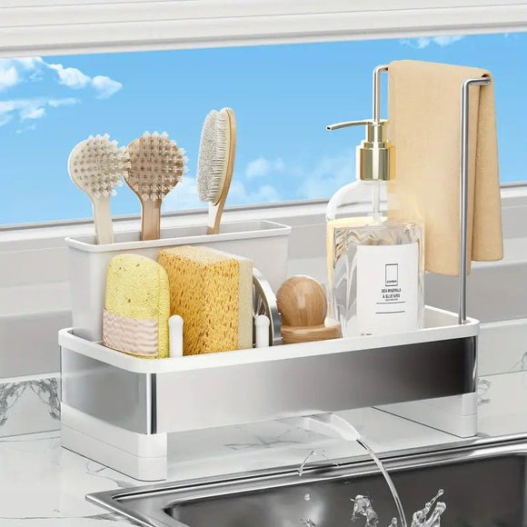 No Drill 360° Rotating Drain Sponge Holder with Tray Kitchen Sink Organizer(WHITE)