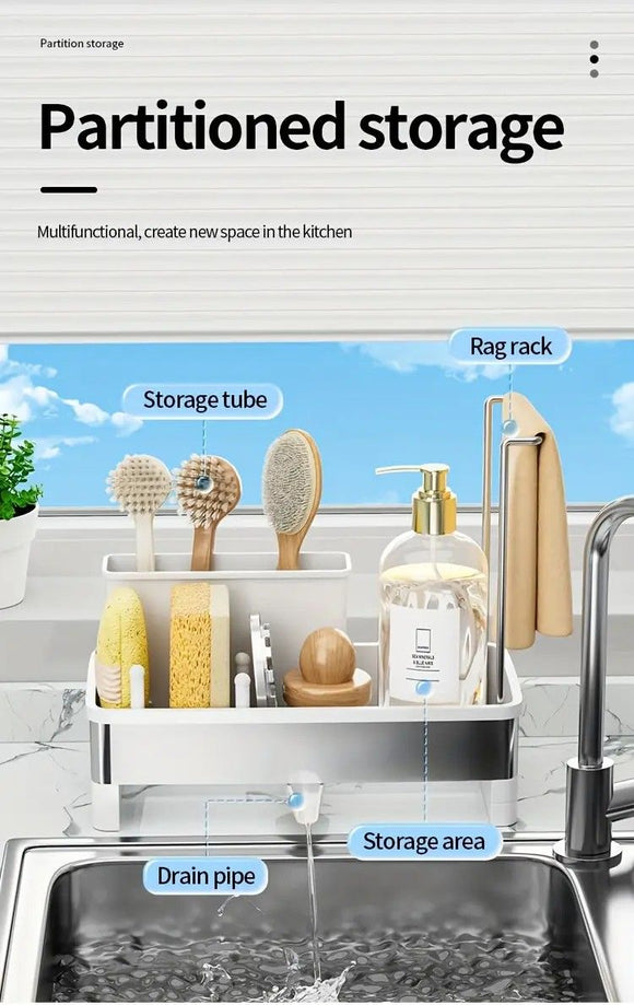No Drill 360° Rotating Drain Sponge Holder with Tray Kitchen Sink Organizer AU(BLACK)