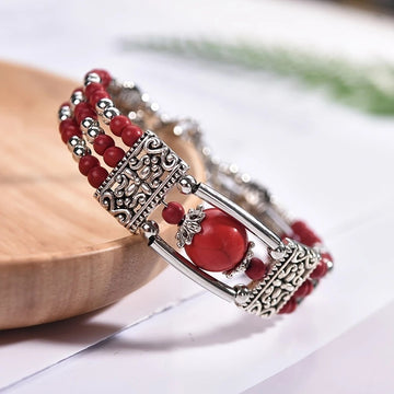 2PCS Ethnic-style Vintage Open Bracelet, Turquoise Beads with Silver Carved Accents, Bohemian Exotic Charm, a Personalized Accessory for Daily and Travel Wear.red - 0