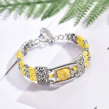 2PCS Ethnic-style Vintage Open Bracelet, Turquoise Beads with Silver Carved Accents, Bohemian Exotic Charm, a Personalized Accessory for Daily and Travel Wear.Yellow