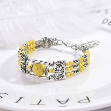 2PCS Ethnic-style Vintage Open Bracelet, Turquoise Beads with Silver Carved Accents, Bohemian Exotic Charm, a Personalized Accessory for Daily and Travel Wear.Yellow - 0