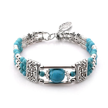 2pcs Ethnic-style Vintage Open Bracelet, Turquoise Beads with Silver Carved Accents, Bohemian Exotic Charm, a Personalized Accessory for Daily and Travel Wear.blue