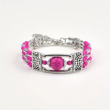 2pcs Ethnic-style Vintage Open Bracelet, Turquoise Beads with Silver Carved Accents, Bohemian Exotic Charm, a Personalized Accessory for Daily and Travel Wear.Rose