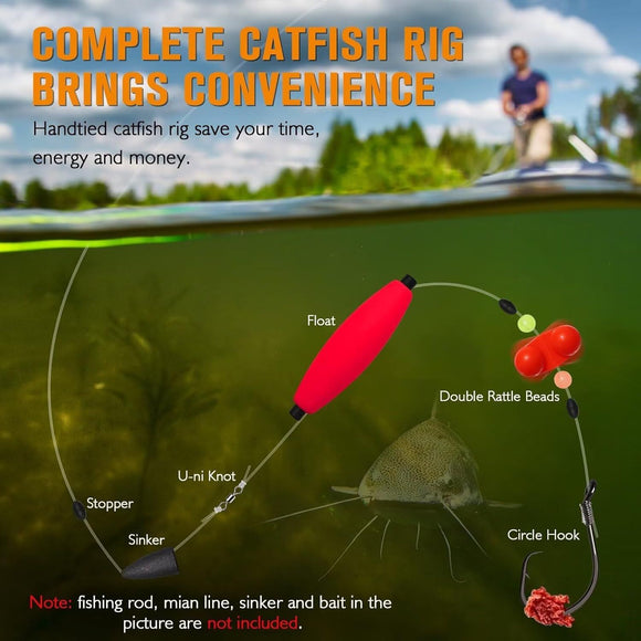 Pre-Tied Catfish Rig System, 23 Inch 55LB Santee Cooper Catfish Float Rig with Adjustable EVA Slip Float and High Carbon Circle Hooks 5/0 6/0 8/0, Ready-to-Fish for River and Bank FishingPre-Tied Catfish Rig System, 23 Inch 55LB Santee Cooper Catfish Floa
