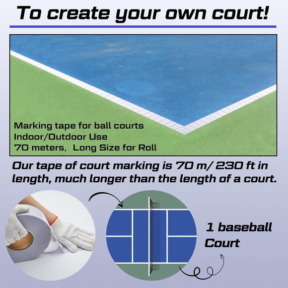 230 Ft Driveway Basketball Tape Outdoor Court Adhesive Marking Lines for Tennis Badminton Parking Floor Pavement Indoor, 2 in Wide (White, PVC) White