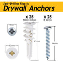 #8 Self Drilling Plastic Drywall Anchors and Screws Kit for Drywall, 25 pcs Wall Anchors & 25 pcs Drywall Screws, No Pre Drill Hole Preparation Required, 75LBS to Hang and Mount Heavy Items-2
