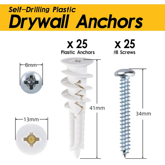 #8 Self Drilling Plastic Drywall Anchors and Screws Kit for Drywall, 25 pcs Wall Anchors & 25 pcs Drywall Screws, No Pre Drill Hole Preparation Required, 75LBS to Hang and Mount Heavy Items