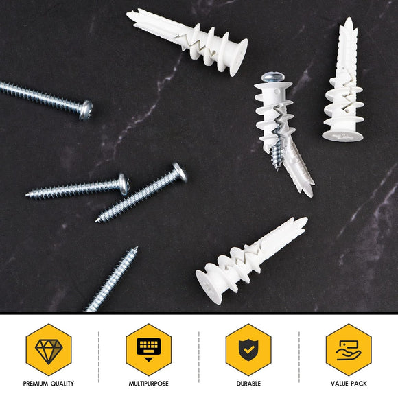 #8 Self Drilling Plastic Drywall Anchors and Screws Kit for Drywall, 25 pcs Wall Anchors & 25 pcs Drywall Screws, No Pre Drill Hole Preparation Required, 75LBS to Hang and Mount Heavy Items