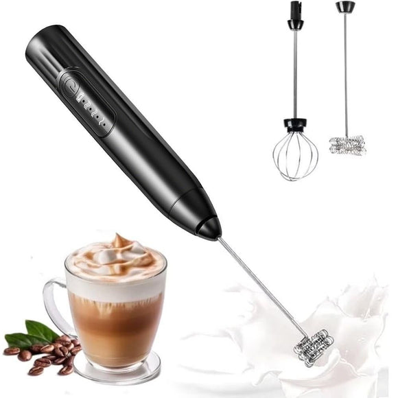 Handheld Milk Frother USB Rechargeable 3 Speeds Electric Foam Wand with 2 Whisks - Black