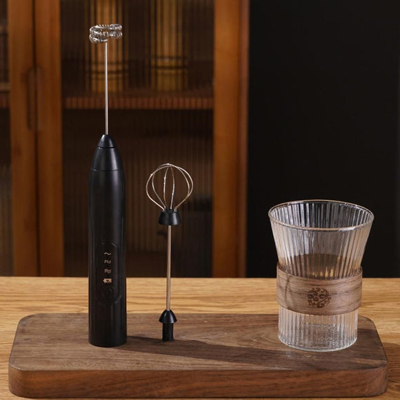 Handheld Milk Frother USB Rechargeable 3 Speeds Electric Foam Wand with 2 Whisks - Black