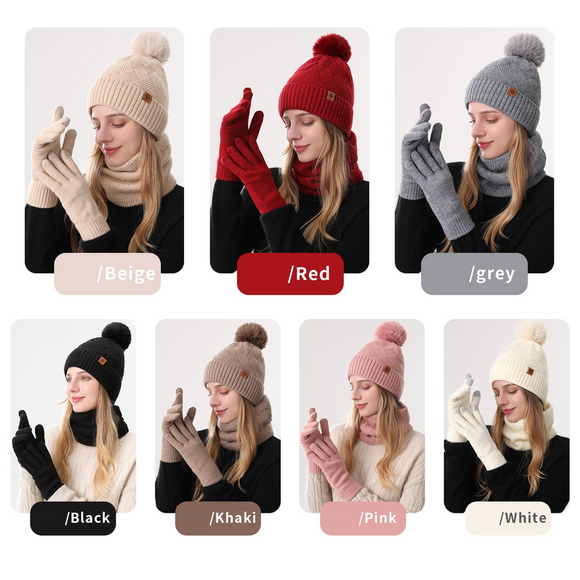 Women's Fashionable Winter 3-Piece Set: Knit Hat, Scarf, and Gloves.  A must-have for outdoor skiing and cycling - Pink