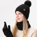 Women's Fashionable Winter 3-Piece Set: Knit Hat, Scarf, and Gloves.  A must-have for outdoor skiing and cycling - Black-1