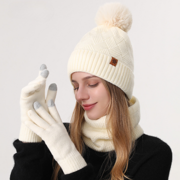 Women's Fashionable Winter 3-Piece Set: Knit Hat, Scarf, and Gloves.  A must-have for outdoor skiing and cycling - Off-White