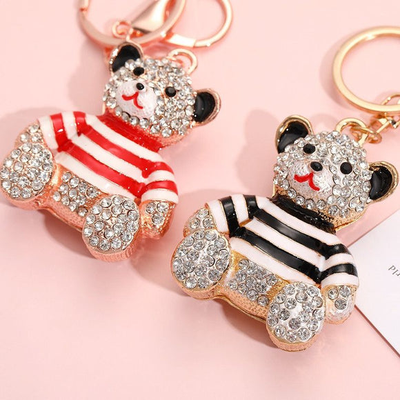 Black - Rhinestone Striped Bear Keychain, Cute Enamel Cartoon Bear Bag Charm Pendant, Alloy Bling Key Ring Accessories for Gifts & Bag Decoration