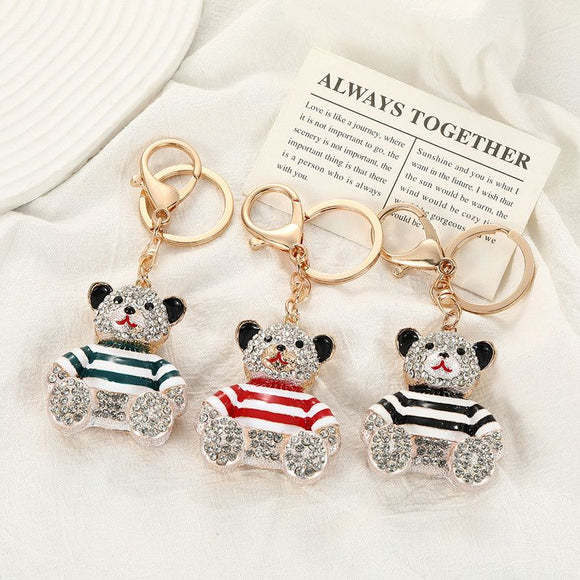 Blue - Rhinestone Striped Bear Keychain, Cute Enamel Cartoon Bear Bag Charm Pendant, Alloy Bling Key Ring Accessories for Gifts & Bag Decoration
