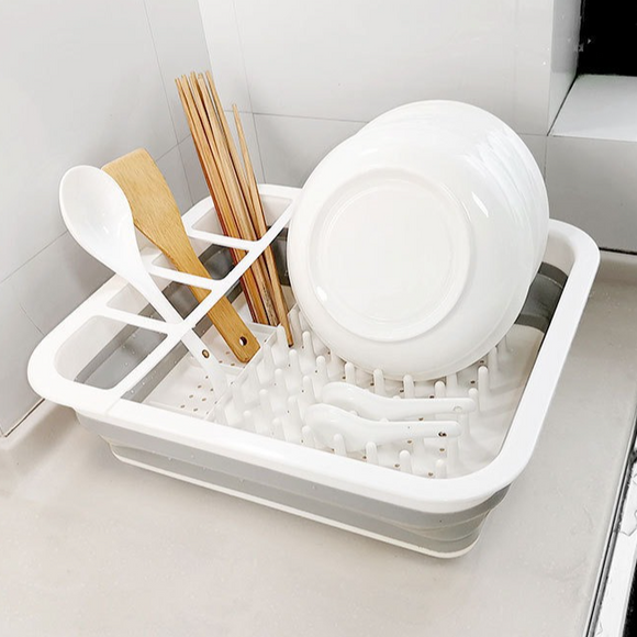 Multi Compartment Plastic Kitchen Utensil Holder, Foldable Dish Drain Basket for Bowl Plate Cup Chopsticks Storage