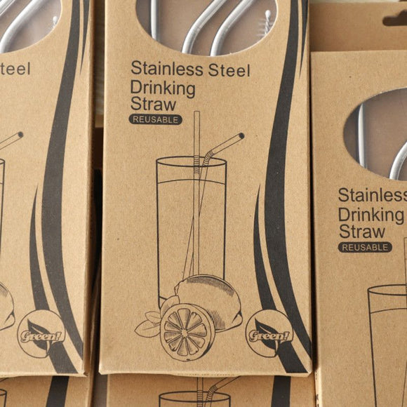 Food-Grade 304 Stainless Steel Drinking Straw Set—4 Curved Straws