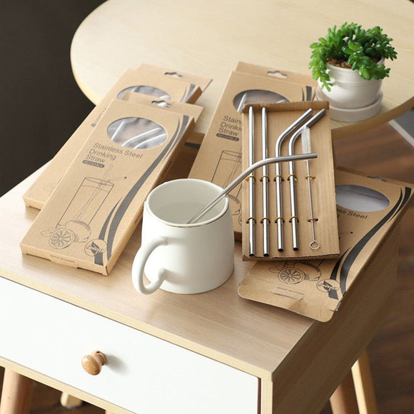 Food-Grade 304 Stainless Steel Drinking Straw Set—4 Spoon-Shaped Straws