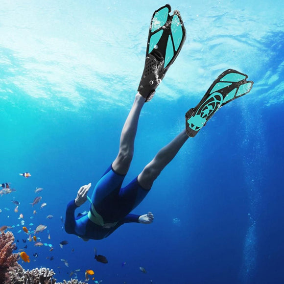 Pair of Snorkel Fins Diving Swim Fins Adjustable Open Heel Swimming Barefoot Flippers Cyan - L