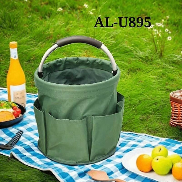 Foldable Storage Basket with Handle and Multiple Pockets, Waterproof Picnic and Camping Organizer - Green