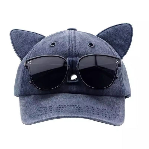 Cat Ear Baseball Cap with Sunglasses Decor, Adjustable Summer Outdoor Cap - Navy Blue