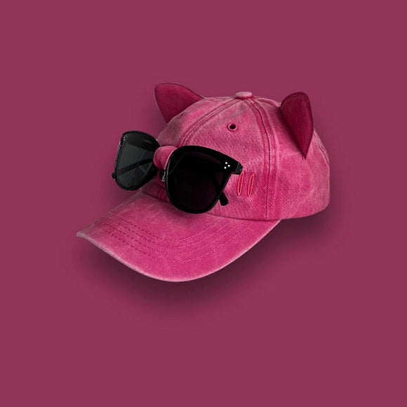 Cat Ear Baseball Cap with Sunglasses Decor, Adjustable Summer Outdoor Cap - Rose Red