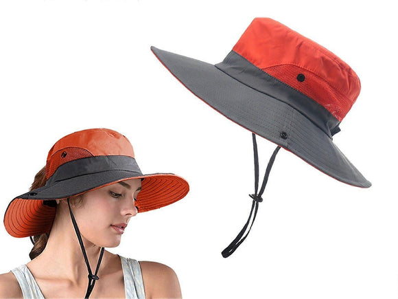 Wide Brim Bucket Hat, Breathable Hiking Fisherman Sun Hat, Orange Gray