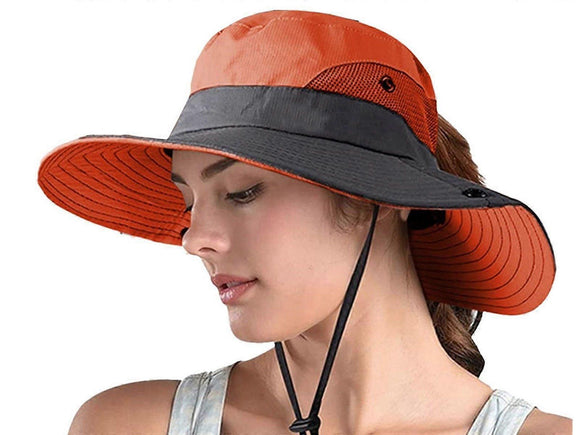 Wide Brim Bucket Hat, Breathable Hiking Fisherman Sun Hat, Orange Gray