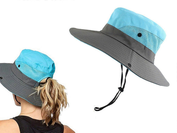 Wide Brim Bucket Hat, Breathable Hiking Fisherman Sun Hat, Blue Gray