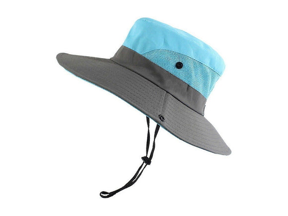 Wide Brim Bucket Hat, Breathable Hiking Fisherman Sun Hat, Blue Gray