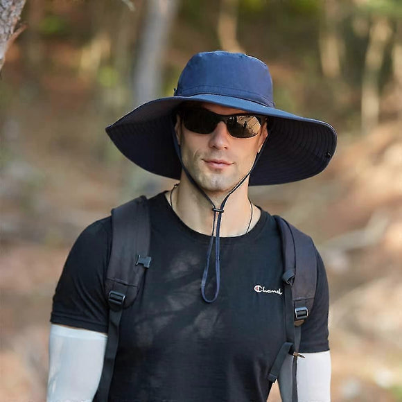 12cm Wide Brim UV Protection Safari Hat, Waterproof Foldable Bucket Hat for Hiking Fishing - Blue